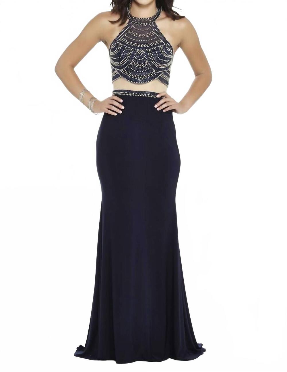 NEW JOSH & JAZZ jersey halter prom dress in navy/silver